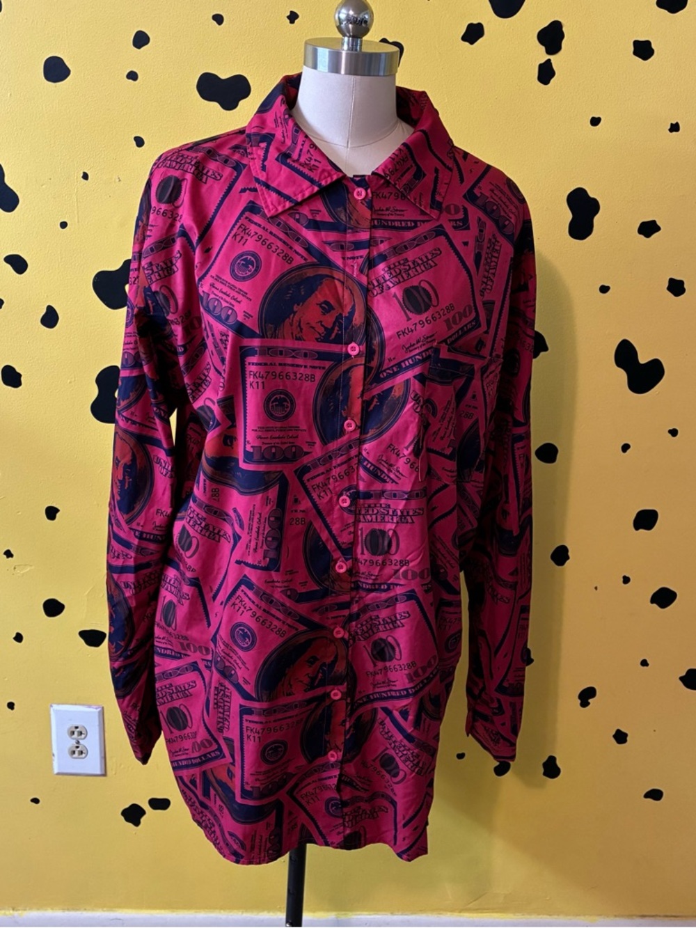 Red Money Print Shirt Dollar Graphic Button Up Long Sleeve Top Baddie Streetwear
